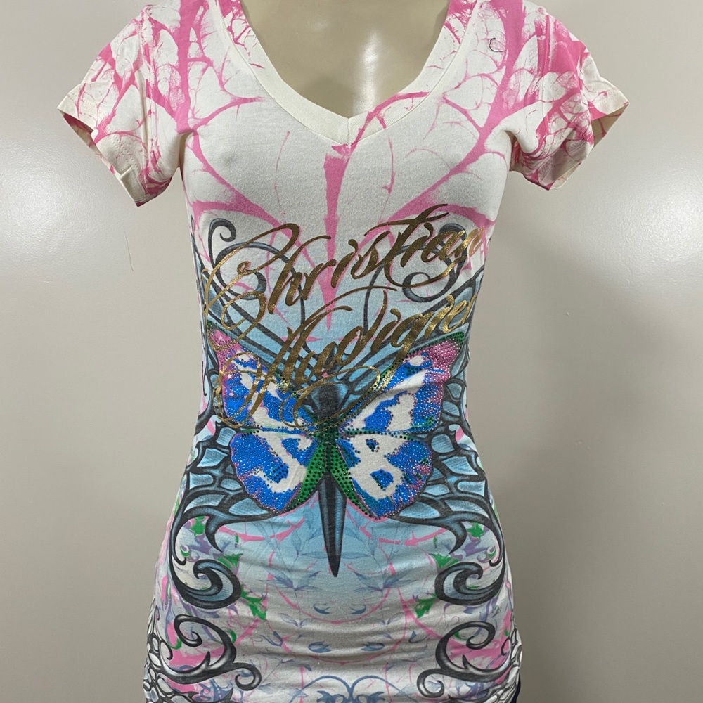 Christian Audigier Women Off White Butterfly Shirt